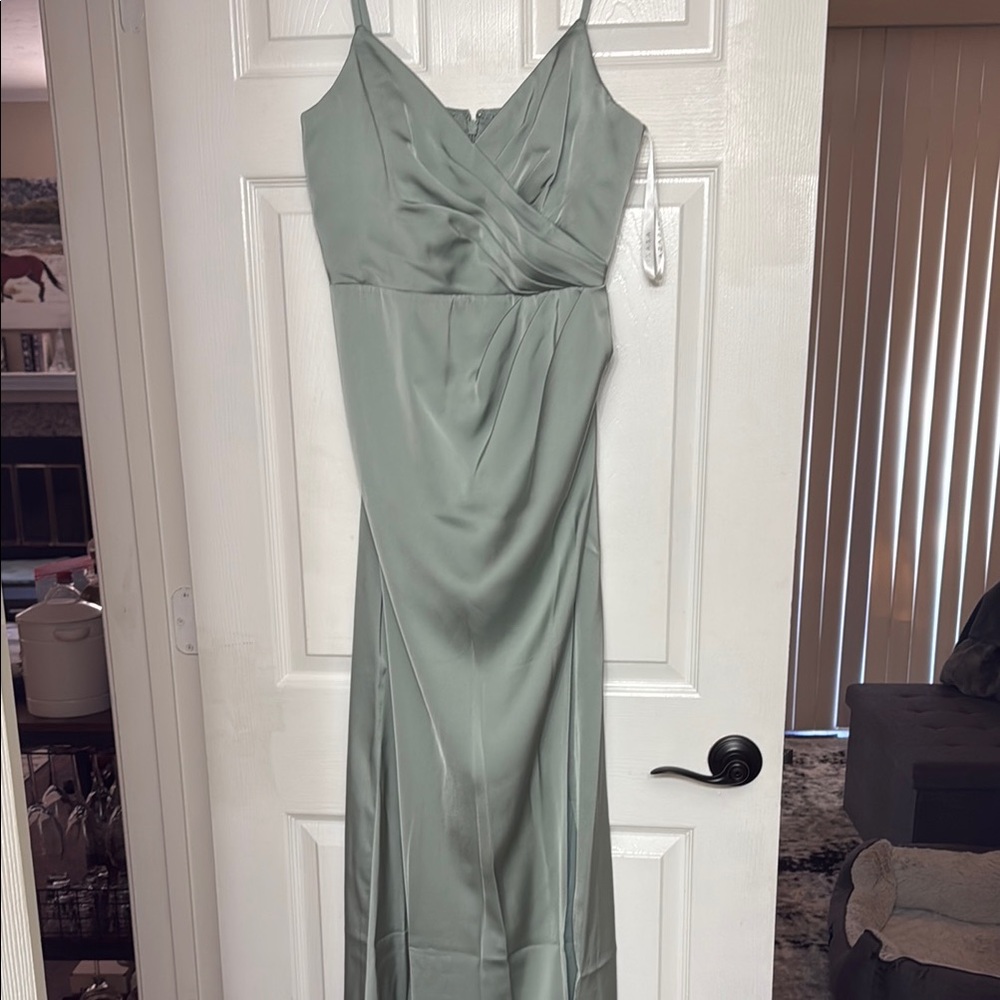 Green Satin Bridesmaids Dress Spaghetti Straps and Side Slit